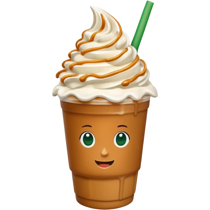 A 3D cartoon cup of caramel frappuccino topped with whipped cream and caramel drizzle, green straw, no logo, frosty texture, soft lighting, Memoji-style. emoji