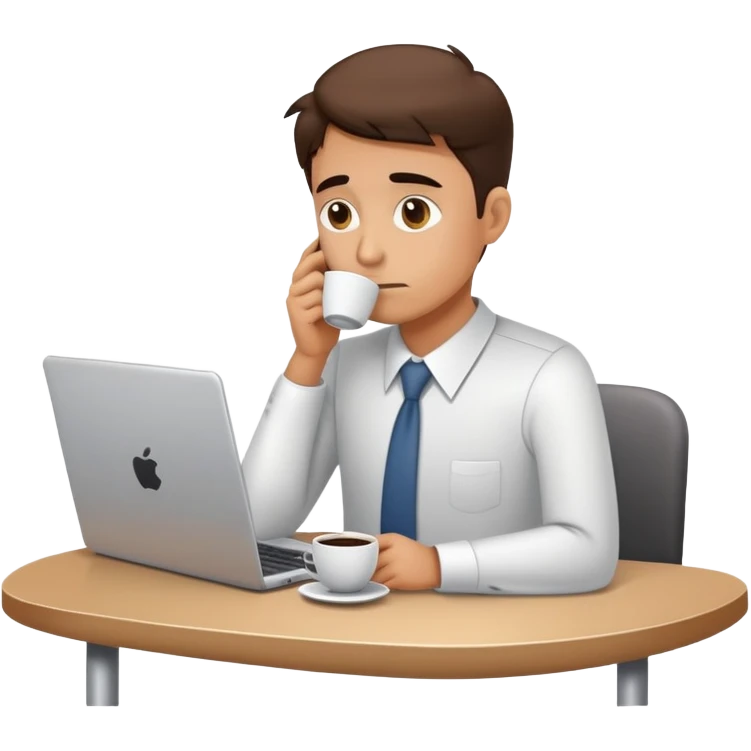 weary office worker slouched posture, tired eyes, laptop, coffee cup emoji