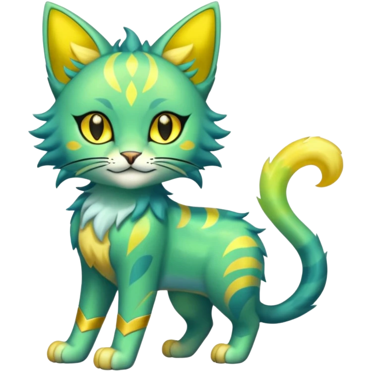 Shiny Iridescent Smooth Soft Glossy Green and Yellow Electrike-Lucretia-Luxray-Sprigatito-Bobcat-Amaura-Aurorus-Shiny-glorp-cat-fusion (full body) emoji