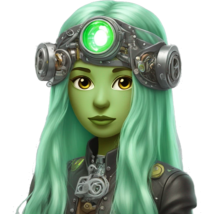 Light green long hair female cyborg head with silver steampunk headband goggles, circuits emoji
