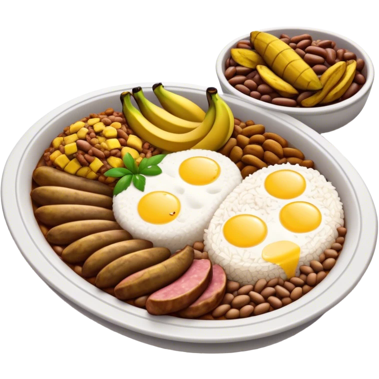 Cinematic Realistic Bandeja Paisa Dish Emoji, depicted as a hearty platter featuring beans, rice, meat, and plantains rendered with detailed textures and vibrant, robust lighting. emoji