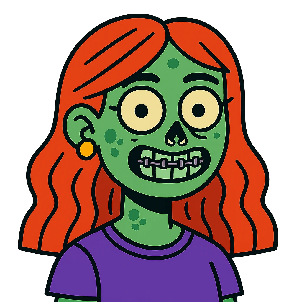 zombie girl with red hair, braces, and nose piercings, vibrant cartoon style emoji