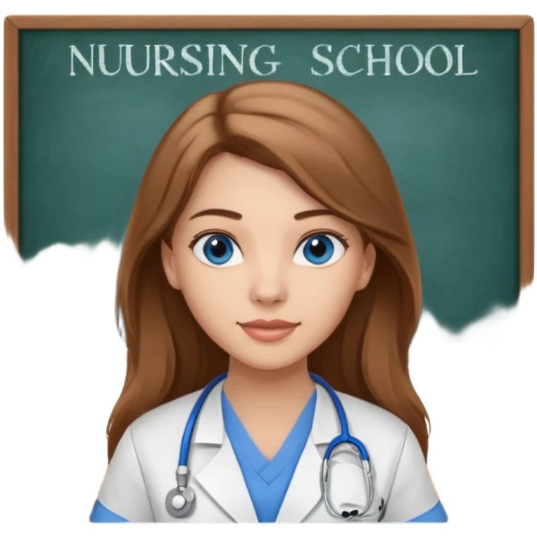 inside a classroom at university that says nursing school on the board with a pretty female nursing student with long brown hair, blue eyes emoji