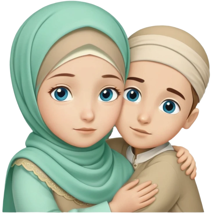 Turkish beautiful finish Konya girl blue eyes mint green beige hijab islamic dress and hugs with little boy brother  emoji