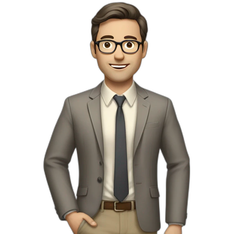 Full height Actively gesturing with hands Pale skinned fit man with dark brown hair in gray jacket, beige office shirt, brown tie, brown pants and vintage glasses. emoji