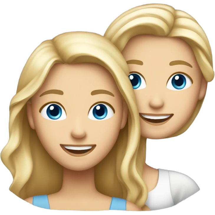 smiling two girls with blond and brunette hair and blue eyes in theater emoji
