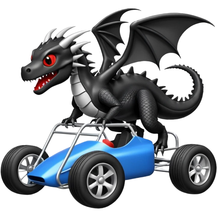 Special air-cooled three-cylinder race car whose frame and suspension is made of shopping cart material with a large rear-mounted gas tank, and rear spoiler, is being tested by a small black dragon  emoji