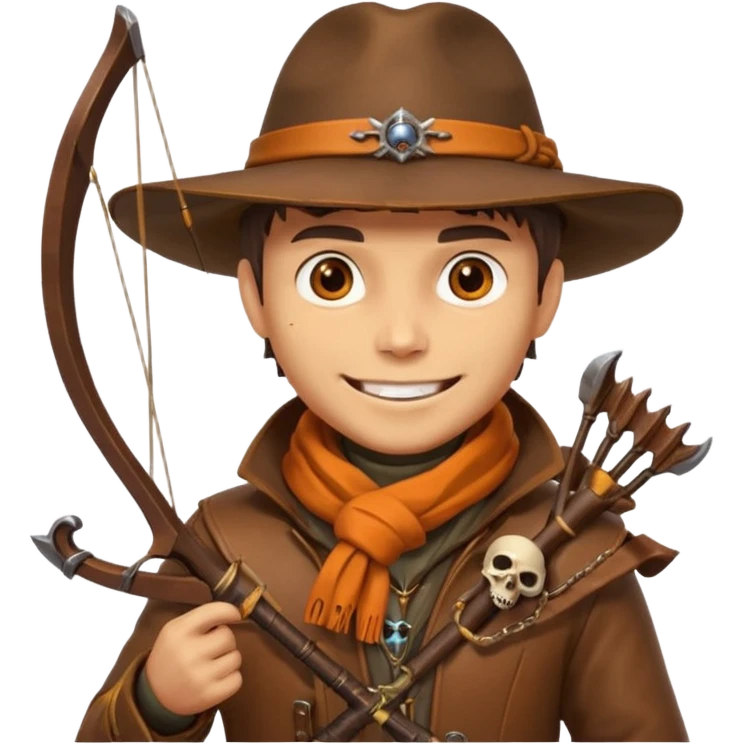 male human monster hunter emoji, wearing brown leather coat and wide hat, holding crossbow, with amulet shaped like skull, Halloween fantasy theme, confident smile, orange scarf, Apple emoji style, clean white background, square image emoji
