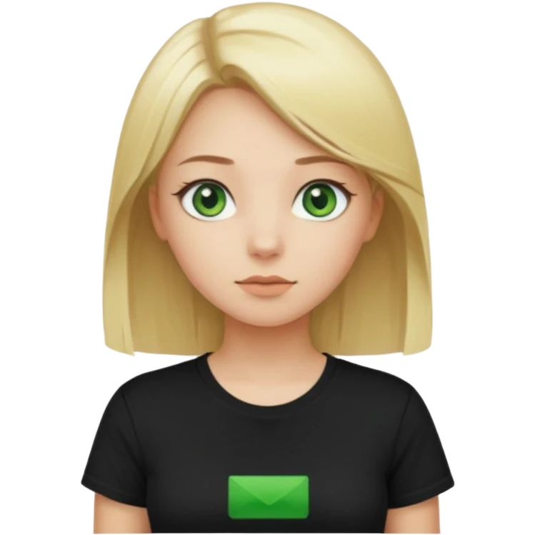 Girl with green eyes, blonde with an even hole with straight hair up to the waist in a black t-shirt emoji