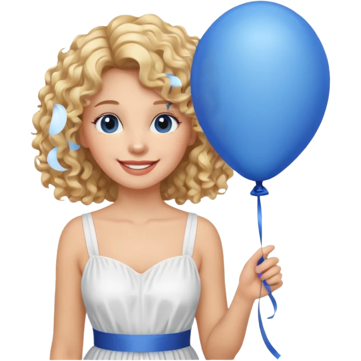 Woman curly blonde with blue balloon, white dress emoji