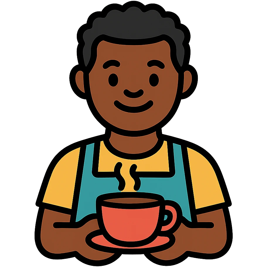 black cafe owner, holding coffee cup, smiling, color outline icon style emoji