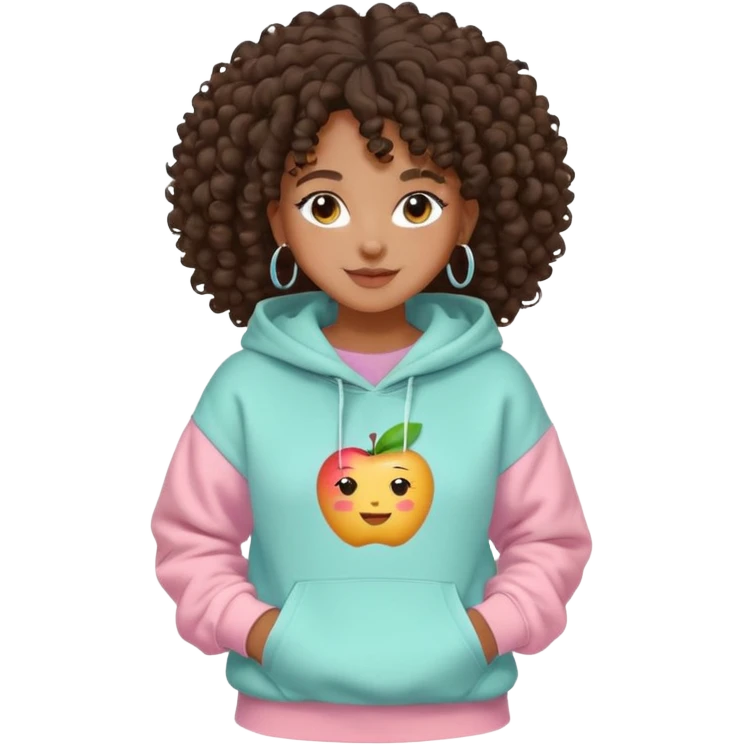 br Black girl, clean girl aesthetic, 4C curly hair in a puff, pastel hoodie, white sneakers, minimal jewelry, soft smile, cozy vibe, bright colors, Apple-style emoji emoji
