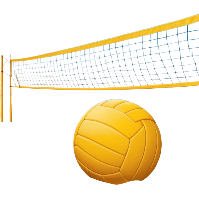 The scene captures the relaxed yet competitive vibe of beach volleyball, with warm sunlight and the natural beauty of the beach. A volleyball resting on the yellow sand on a beach, with the net in the background and a scenic view of the ocean and sky.  emoji