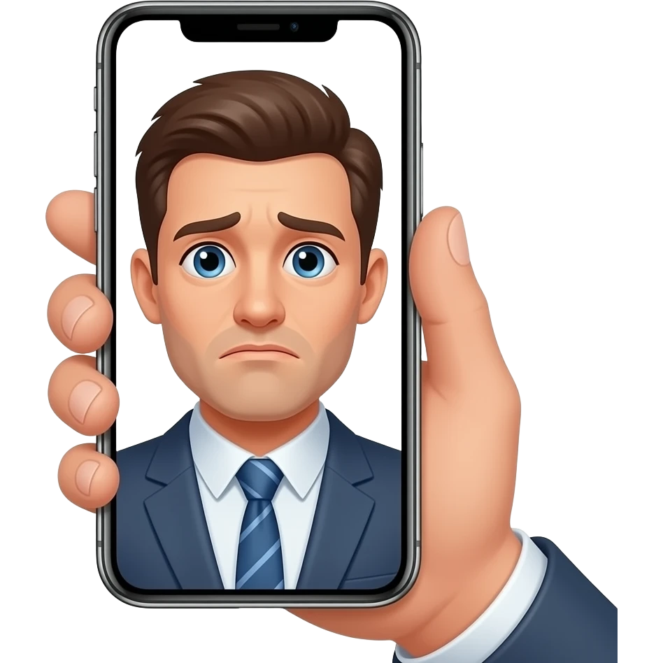 man unhappy reflection in phone screen in hand emoji