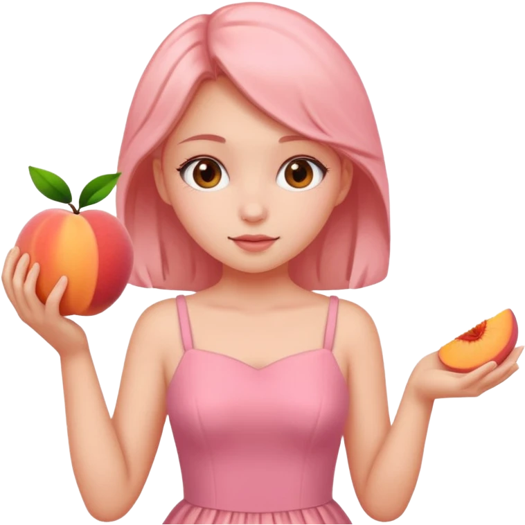A girl wearing pink dress and take a peach emoji