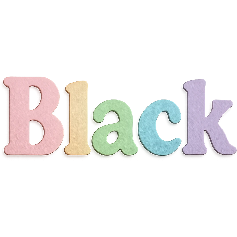 the word 'Black' in soft pastel rainbow bold serif font, kawaii style, no outline, 3D paper-craft effect emoji