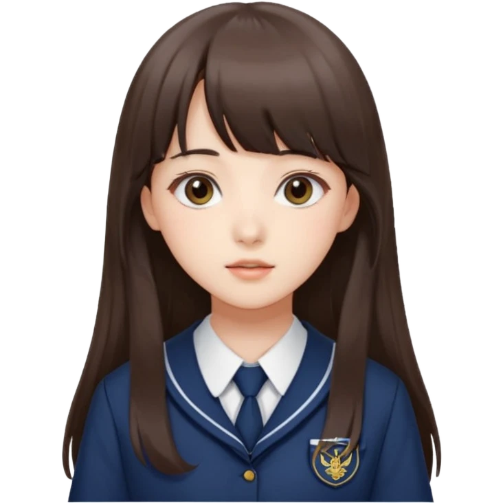 Yuju Gfriend menggunakan baju sekolah dengan rambut panjang dan ada poni  emoji
