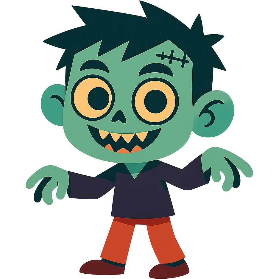 scary cute boy character, big eyes, playful but spooky, cartoon style emoji