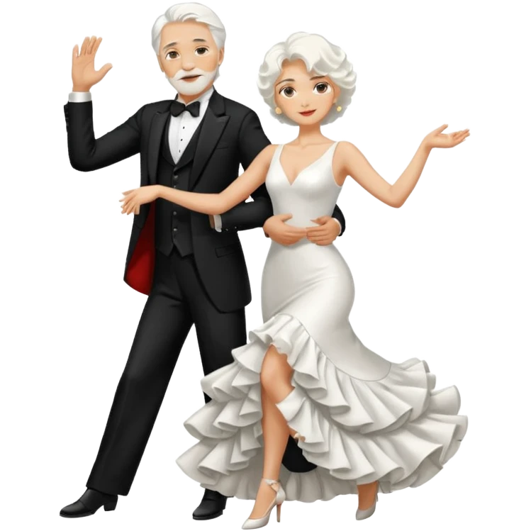 Dancing Tango couple conservative black tux for male and white long rafle dress for woman. Both male and female with white hair. Only one man and one woman emoji