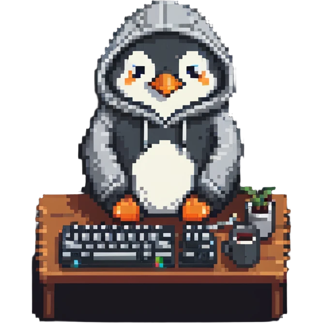 A cute penguin wearing a cozy hoodie typing on a computer keyboard emoji