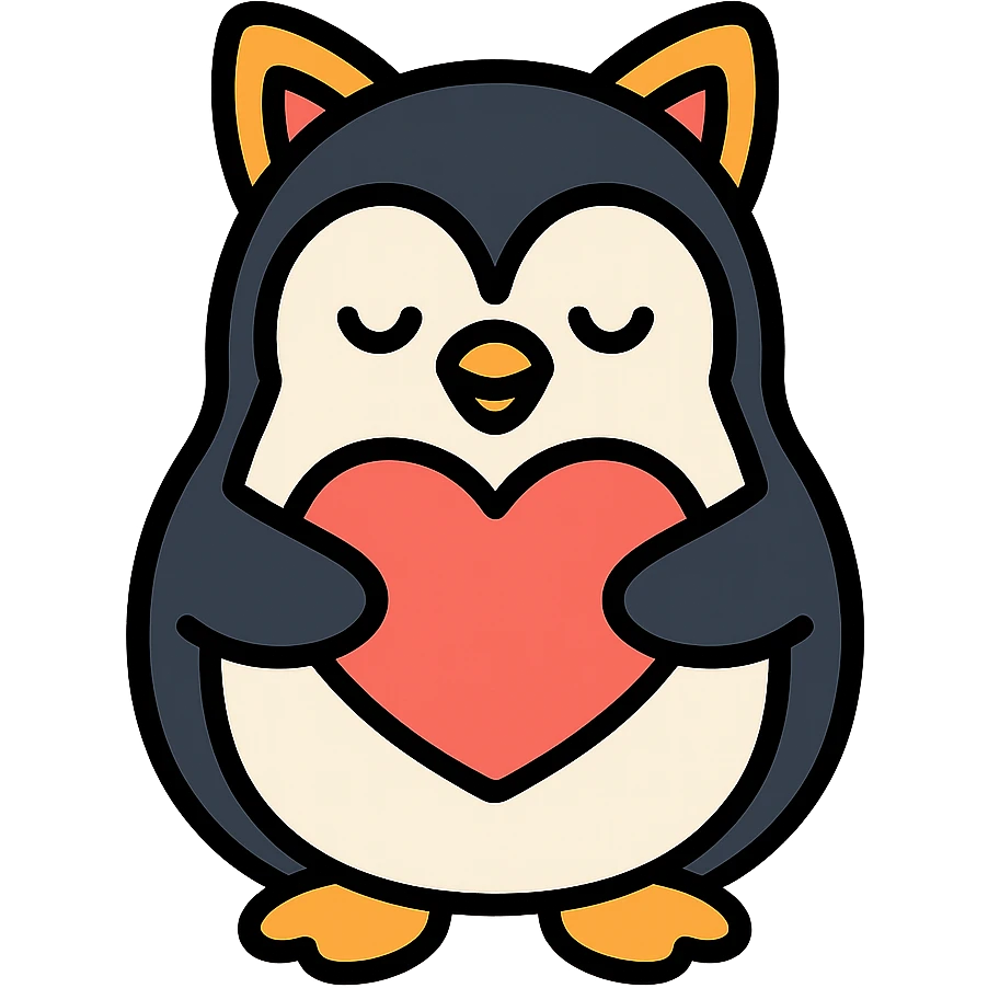penguin holding a heart, wearing kitty ears, color icon style, clean lines, simple, modern, minimal background emoji