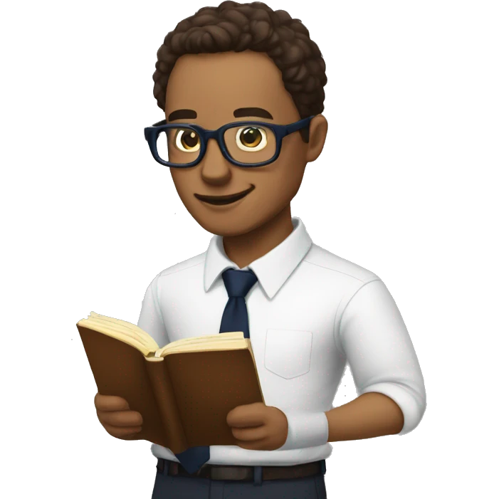 A man with specs white shirt and  navy blue tie reading a  book called New Human Revolution  emoji