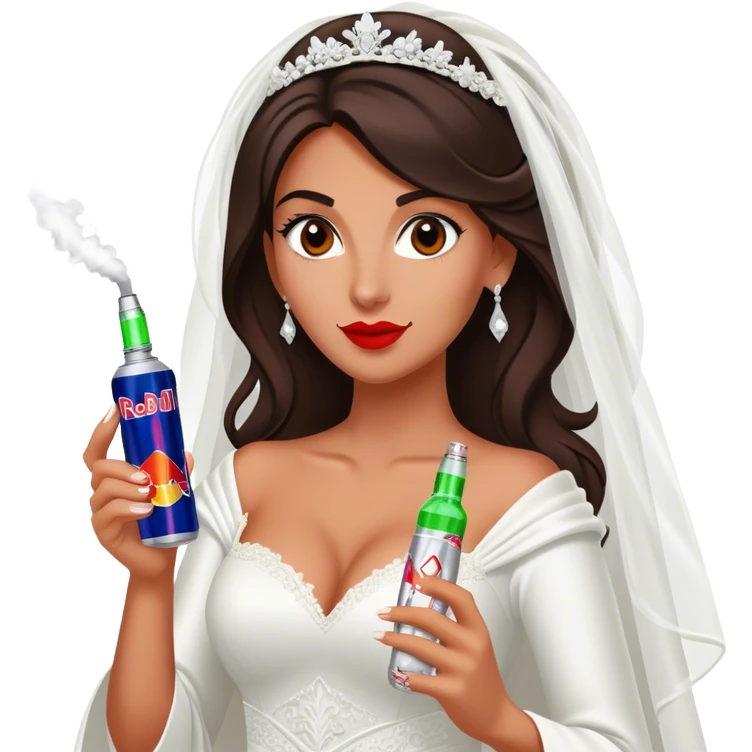 Caucasian brunette bride holding a vape and a Red Bull energy drink emoji