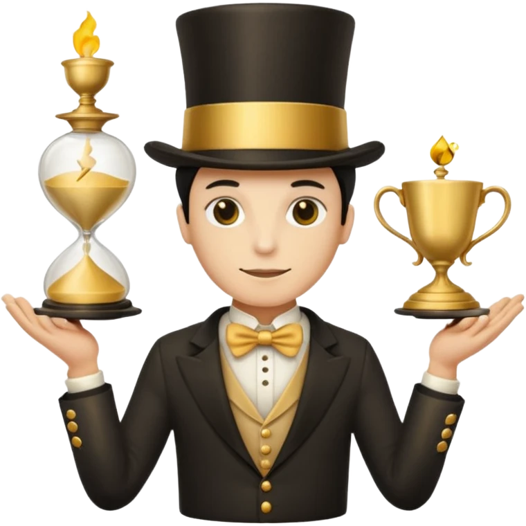many hands in one, a top hat with a gold stripe, a golden hourglass, papers, a cup

 emoji