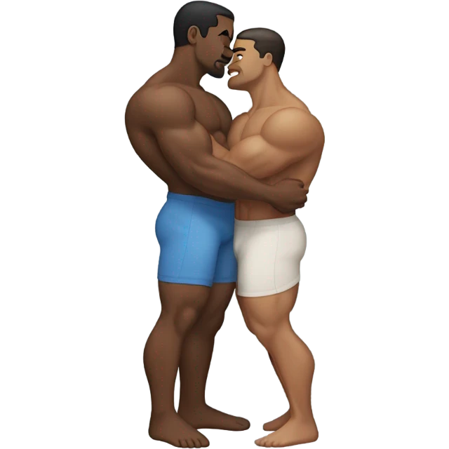 Two men with muscly legs holding each other and kissing emoji