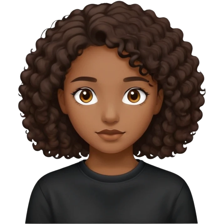 girl with brown skin, dark curly brown hair shoulder length and plain black crewneck t-shirt emoji