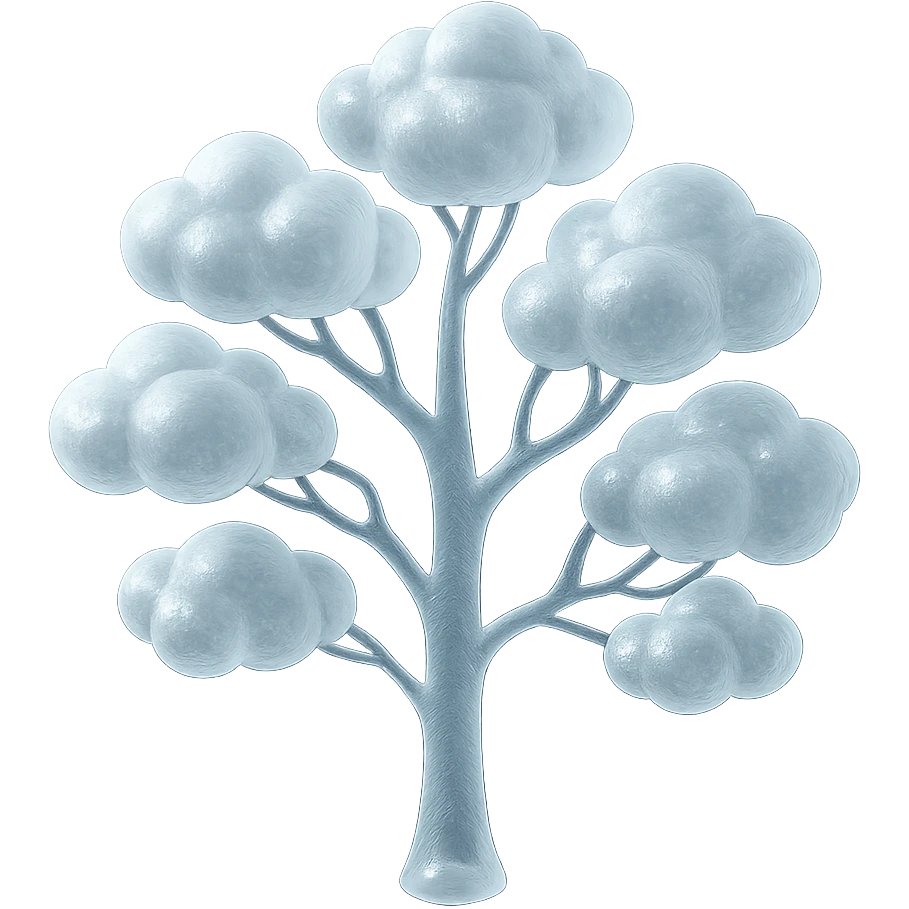one tree with many branches and a white trunk, crown made of small very bright white fluffy convex clouds, matte glass style emoji