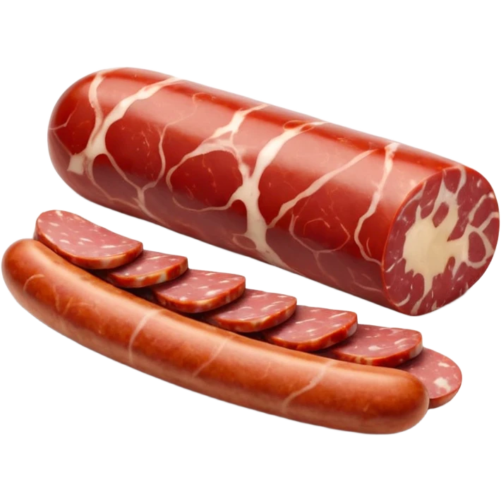 short cured sausage with dusty white casing, sliced at one end to show marbled red meat and fat, a few round slices beside it, no extras, soft lighting, subtle shadows, emoji scale emoji