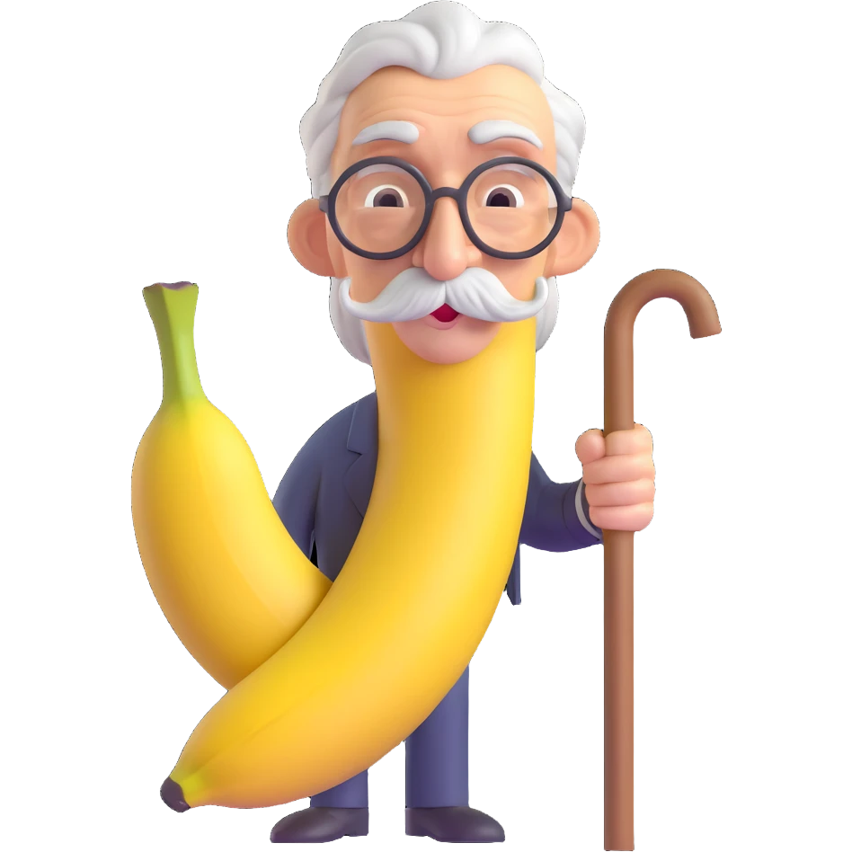 elderly banana, cane, thick gray mustache, deeply wrinkled, frail look, 3D style, simple background emoji