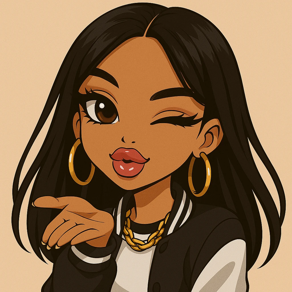 Remove any hats, ensure she is winking while blowing a kiss, headshot only, 20-year-old anime Bratz style woman with dark skin, dark hair, trendy streetwear, big expressive eyes, glossy lips, happy expression, no tears. Style: anime Bratz. emoji
