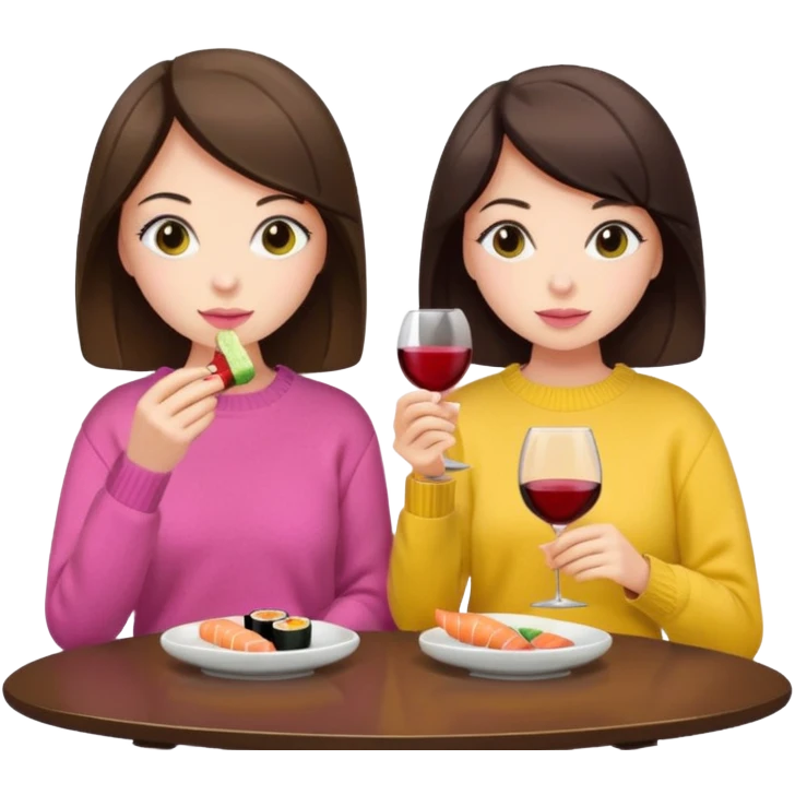 Two brunette girls eating sushi and drinking wine, first girl has a pink sweater and the second girl has a yellow sweater emoji