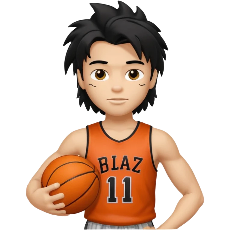 generate a pretty fair bratz boy with a long messy mullet (black hair), carrying a basketball in one hand. Smirking .  Lean but biceps emoji