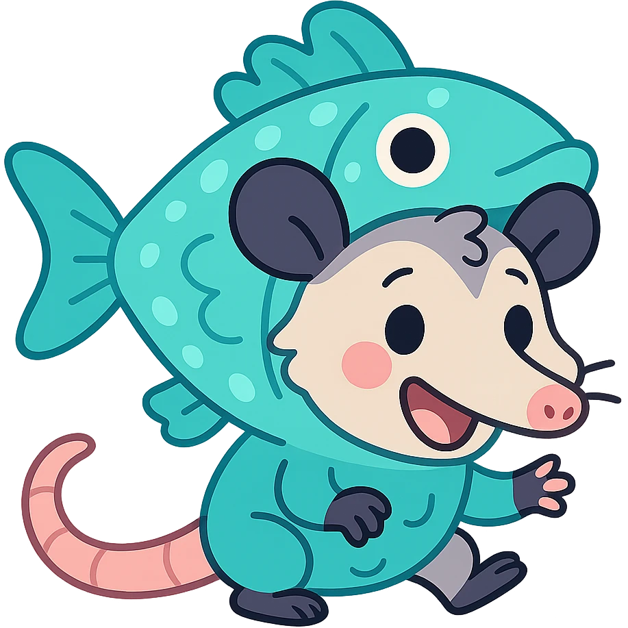 cute cartoon possum dressed up like a fish emoji