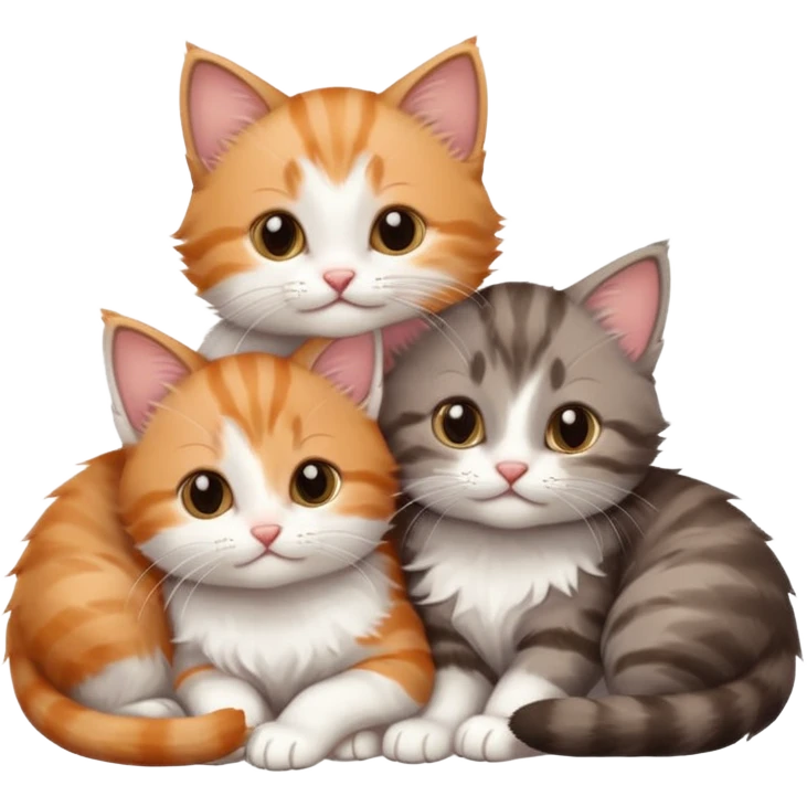 6 tiny kittens cuddling together all different colours, the first one is grey and white, the second is ginger and white and the third is brown tabby and white emoji