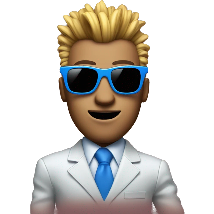 A man is dancing in a blue suit with square sunglasses on his head and a mohawk with a boombox emoji