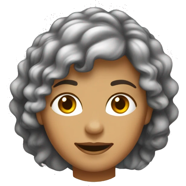Mulher, 50 anos, cabelo comprido, castanho e ondulado, olhos castanhos, cara redonda, divertida, a piscar o olho emoji