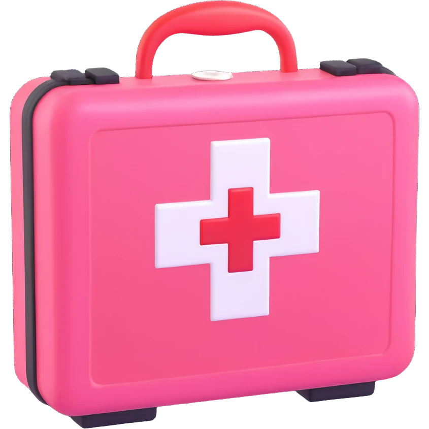 Make this first aid kit pink, keep the 3D Microsoft fluent style, shiny and realistic, with a red cross in a circle on the front. No background. emoji
