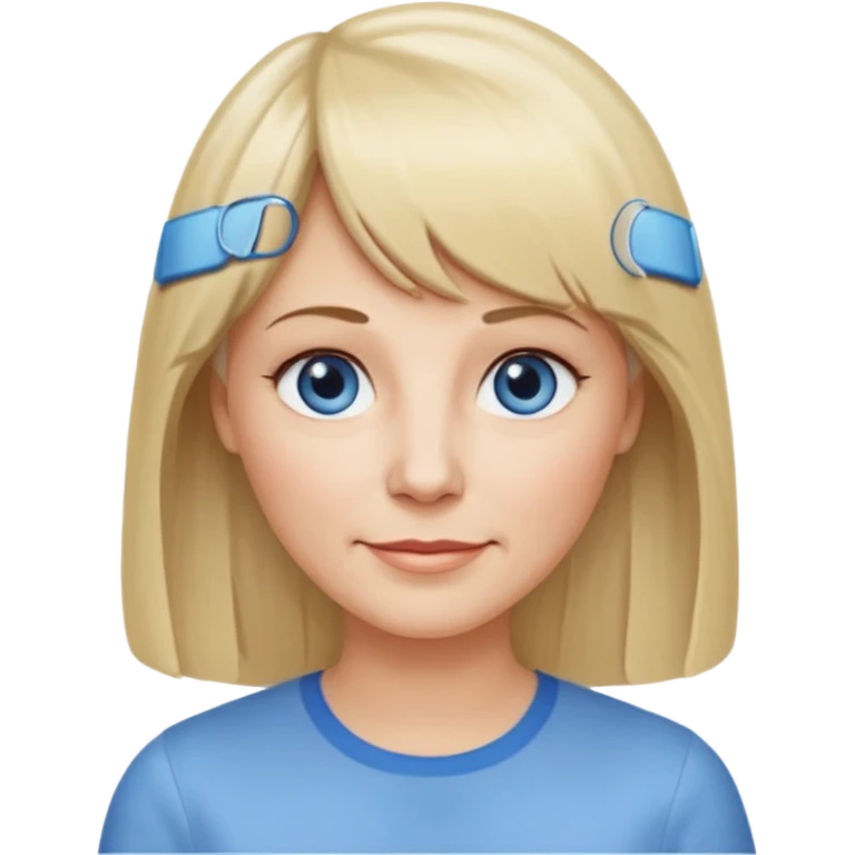 50 yr old white woman, center parted hair with bangs, very long straight blond hair, oval face, small smile, blue eyes, thin face, hair downback, hair parted at center of head, round cheeks, pale, longer hair, white shirt emoji