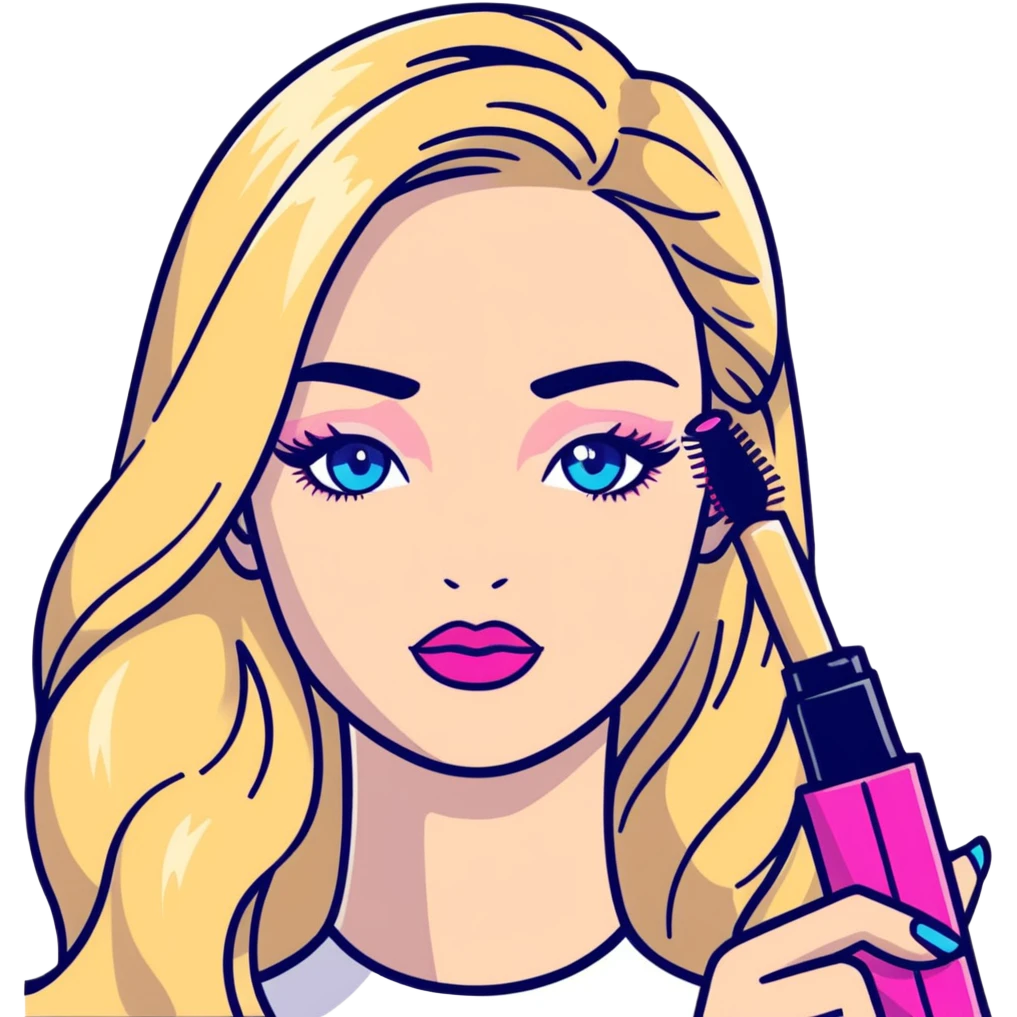 Blonde woman with long hair, blue eyes and pink lips holding mascara in her hands emoji