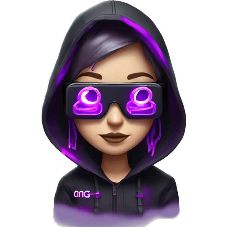 Russian girl wearing black hoody with violet letters "OMG", in vr headset. Cyberpunk style. Violet neon. emoji