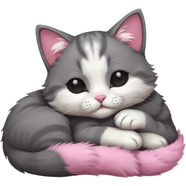 dark grey and white small cat with eyes closed, leaning his head on his paw while leaning on his elbow lying down emoji