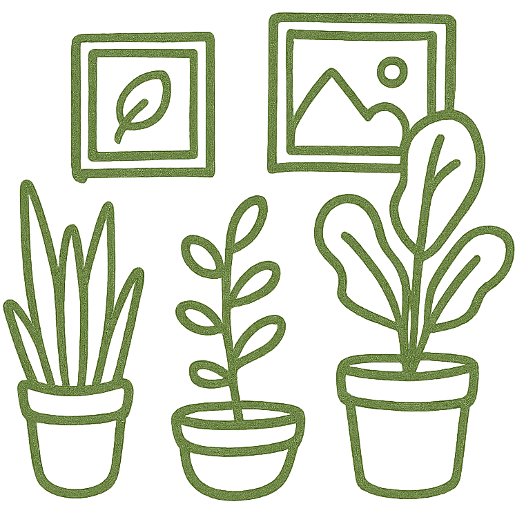olive green bedroom plants with frames emoji