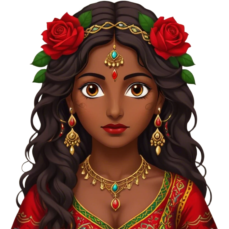 A beautiful Romani woman with deep, expressive eyes and long, wavy dark hair. She wears a vibrant, traditional outfit with intricate patterns and golden jewelry. A single red rose is tucked behind one ear, adding a touch of elegance. Her expression is confident and mysterious, with warm lantern light casting a soft glow on her face, evoking a sense of freedom and passion emoji