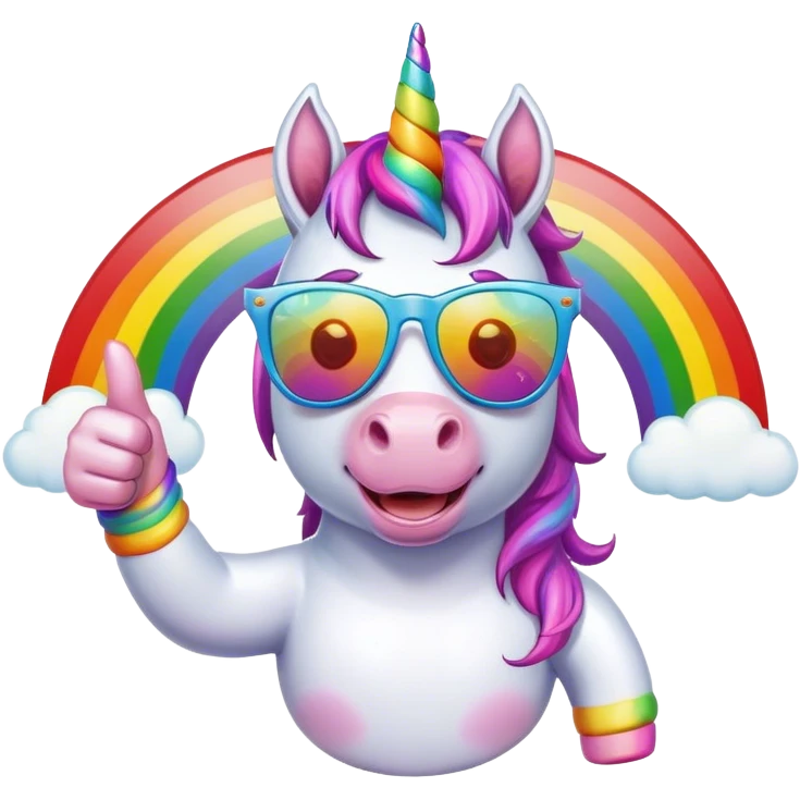 Unicorn with sunglasses on rainbow with thumbs up emoji