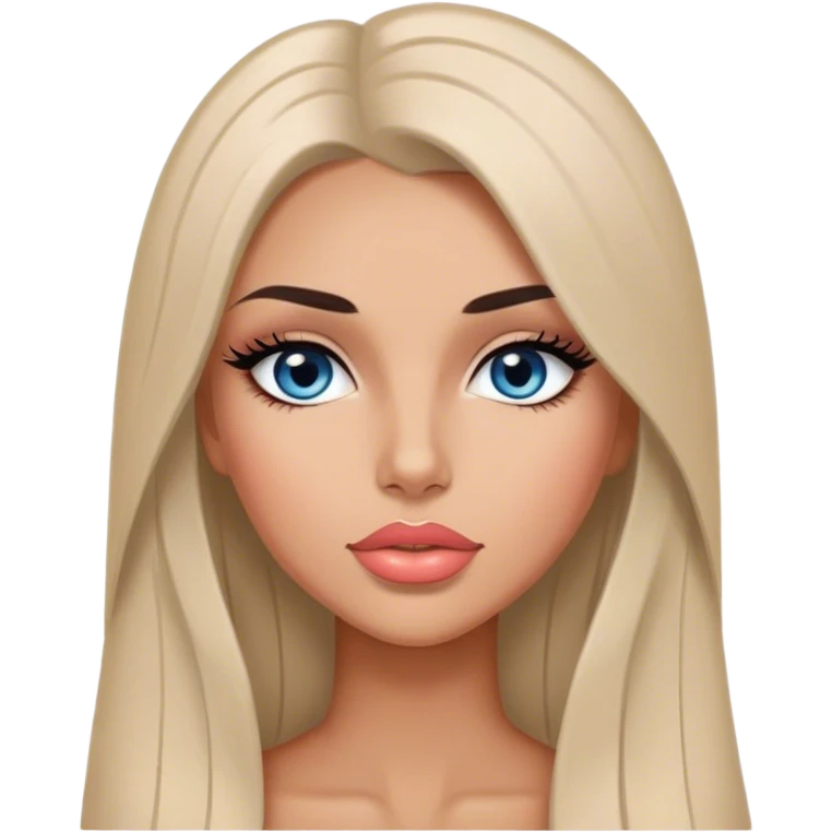 Glamours, tanned, very beautiful girl, with big pump peach-beige-rose lips, long long lashes, black straight smooth silky long hair, straight parting hair, blue-grey eyes emoji