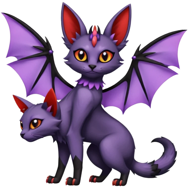 Black edgy Noibat-Purloin-Torracat-Lykoi-Caracal-cat-Fakemon-fusion-hybrid-creature with with tufted ears, tufted tail, bat wings as ears, head wings, ear wings, vampiric, batty, violet and red scale markings emoji